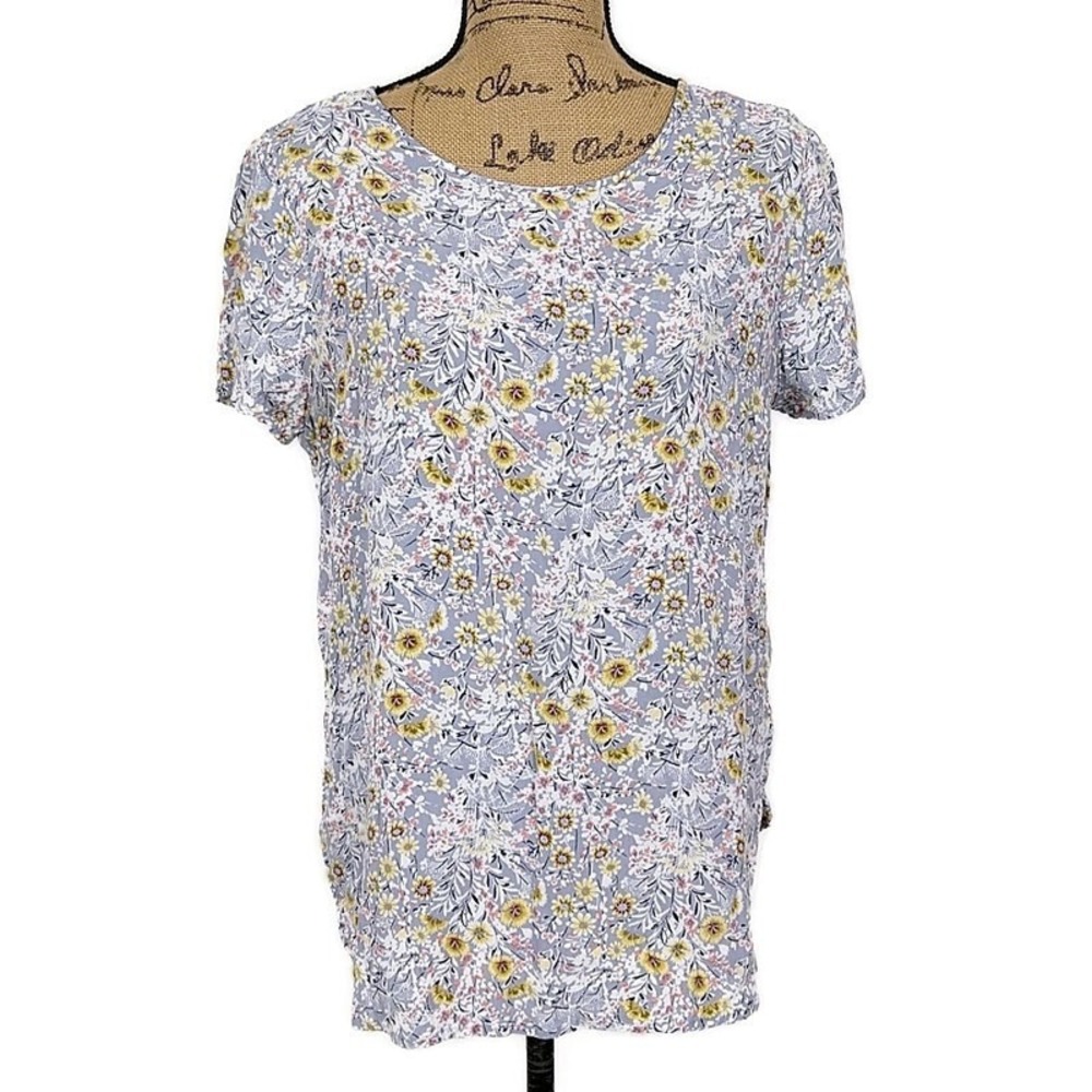 LC Lauren Conrad Blouse Women Large Blue Floral Short Sleeve Keyhole Tie Back